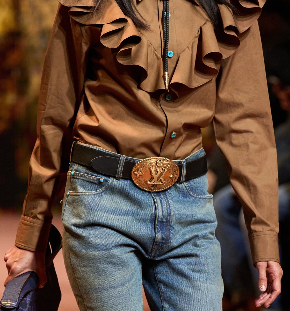 Beyoncé wearing Louis Vuitton fw2024 denim chaps and belt for #COWBOYCARTER