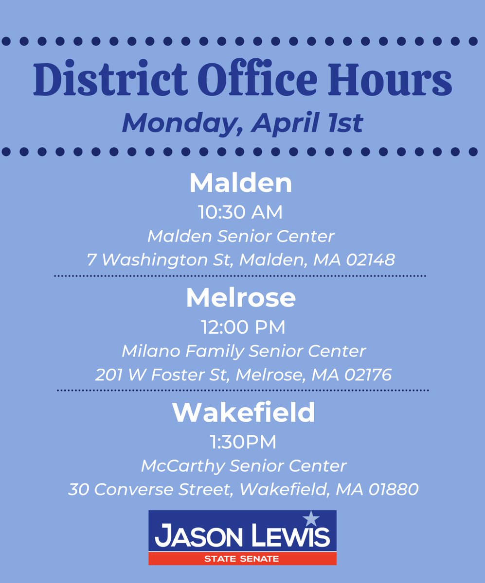 Have any questions or feedback for me? Please join me for Office Hours in Malden, Melrose, and Wakefield on Monday!