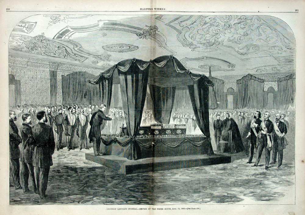 #OTD in 1865, funeral services for President Abraham Lincoln are held in the East Room of the White House. Present are President Andrew Johnson, Gen. Ulysses S. Grant, Robert T. Lincoln, as well as members of Congress, the Diplomatic Corps, and Supreme Court Justices. #CivilWar