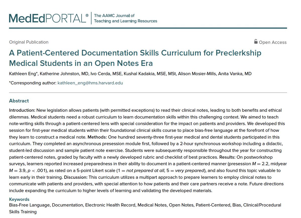 The first #OpenNotes curriculum for students at <a href="/harvardmed/">Harvard Medical School</a> has been published in <a href="/MedEdPORTAL/">MedEdPORTAL</a>!  

This study aimed to teach note-writing skills through a patient-centered lens with a special consideration for impact on patients and providers.
mededportal.org/doi/10.15766/m… #MedEd