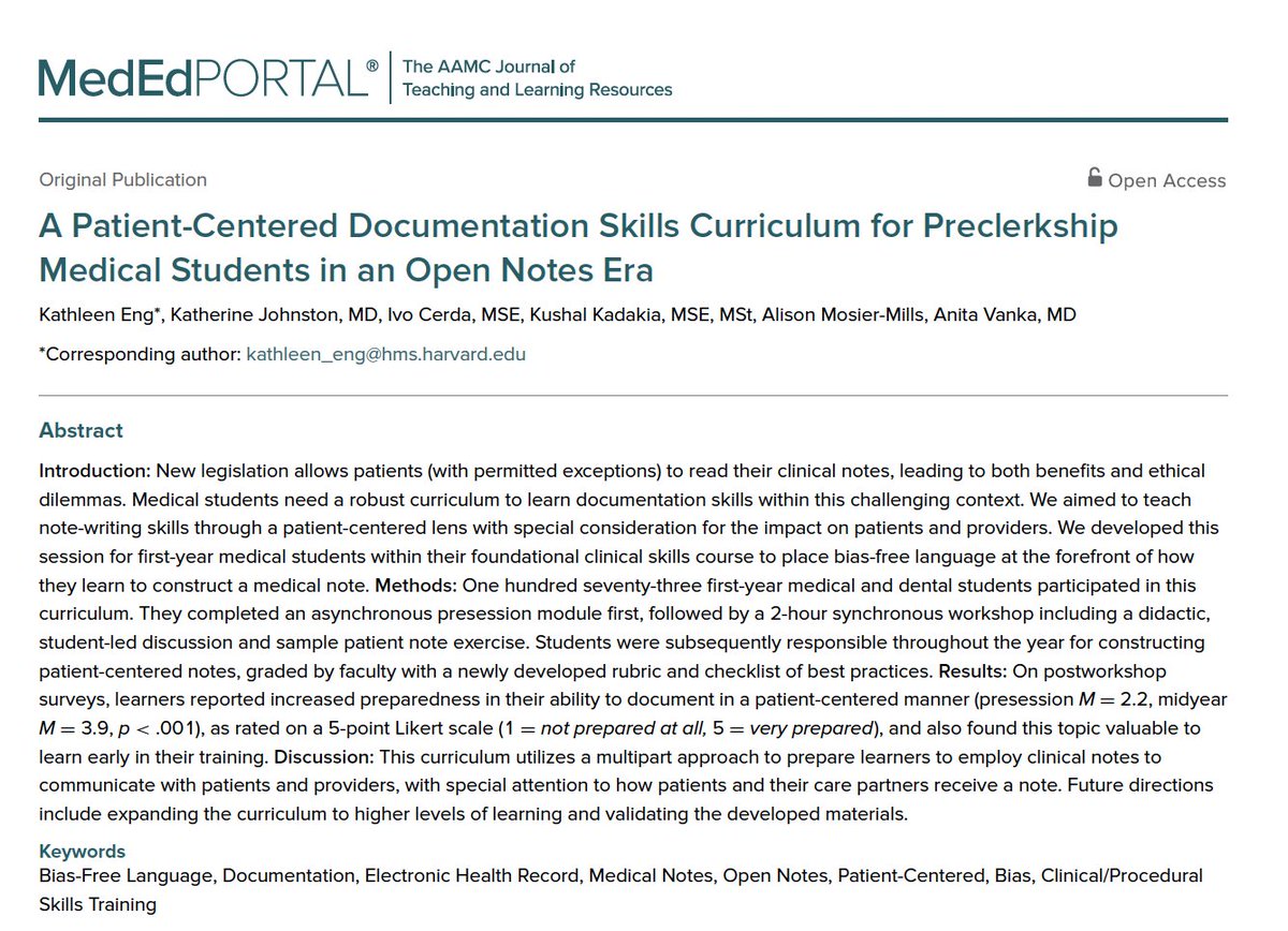 The first #OpenNotes curriculum for students at @harvardmed has been published in @MedEdPORTAL! This study aimed to teach note-writing skills through a patient-centered lens with a special consideration for impact on patients and providers. mededportal.org/doi/10.15766/m… #MedEd