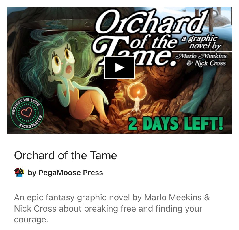 2 DAYS LEFT!! Nick & Marlo are incredible talents and this 380 page book is nothing short of a classic in the making. It’s the sort of book at inspires me to make comics and a challenge to level up my game - it’s that good. Follow @ncrossanimation and check out his animation!