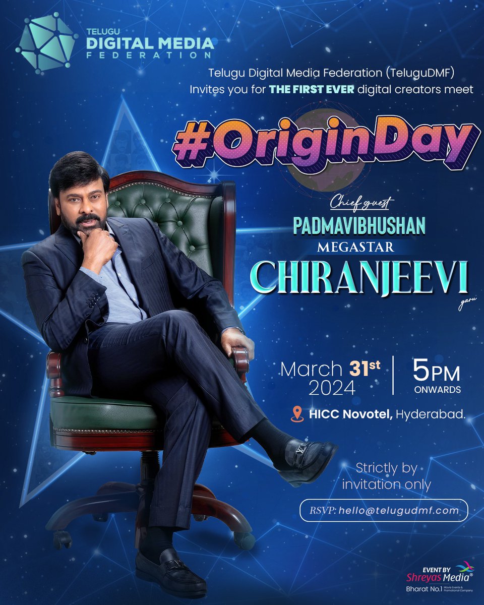 The #OriginDay of #TeluguDMF is set to be an extravagant affair, illuminated by the presence of a Legendary Influencer 🌟✨ Padma Vibhushan, Megastar @Kchirutweets garu to grace the event as chief guest 😍❤️ @TeluguDMF Proudly Presents Manifesto Meet💥 📅 Date: March 31st