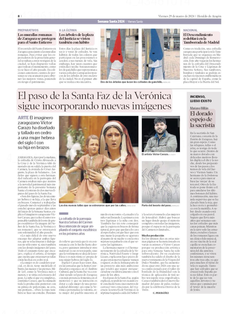 Hoy encontramos entre las páginas de <a href="/heraldoes/">Heraldo de Aragón</a> un reportaje sobre las nuevas imágenes que hemos incorporado al paso de la Santa Faz de #Zaragoza. Podéis consultarlo en formato papel y también en digital si estáis abonados a ese periódico: heraldo.es/noticias/arago…

#SemanaSantaZgz