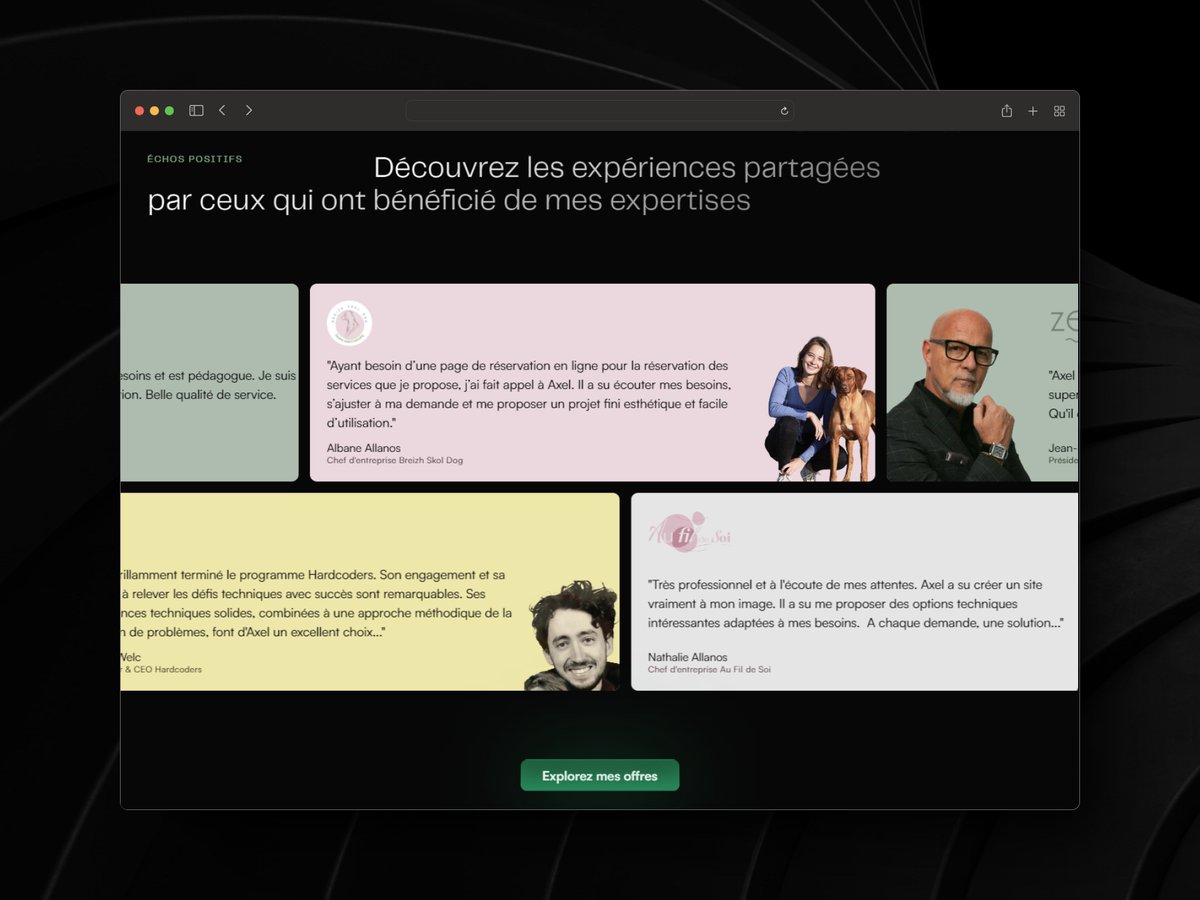 Axel (@sonalla_) on Twitter photo WIP ✨
Petit point sur la progression : j'ai fini d'intégrer la home page, il me reste 3 autres pages.
Petite preview des sections projets & témoignages 👀
( <a href="/AnthoWelc/">ANTHO ᴡᴇʟᴄ 🦖</a> 💯)
Donne moi ton avis et like / partage si tu veux en voir plus ( et puis ça me fait plaisir )🫶 WIP ✨
Petit point sur la progression : j'ai fini d'intégrer la home page, il me reste 3 autres pages.
Petite preview des sections projets & témoignages 👀
( <a href="/AnthoWelc/">ANTHO ᴡᴇʟᴄ 🦖</a> 💯)
Donne moi ton avis et like / partage si tu veux en voir plus ( et puis ça me fait plaisir )🫶