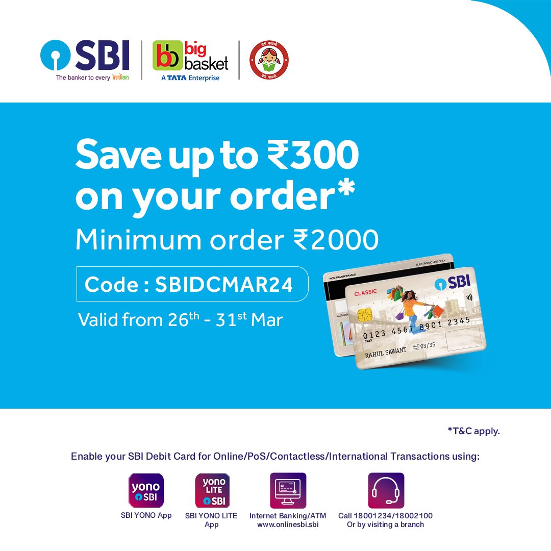 Unlock the potential to save more on your Big Basket orders with SBI Debit Cards.

Visit : bank.sbi/web/personal-b… for more information!

*T & C Apply.

#SBI #TheBankerToEveryIndian #DeshKaFan