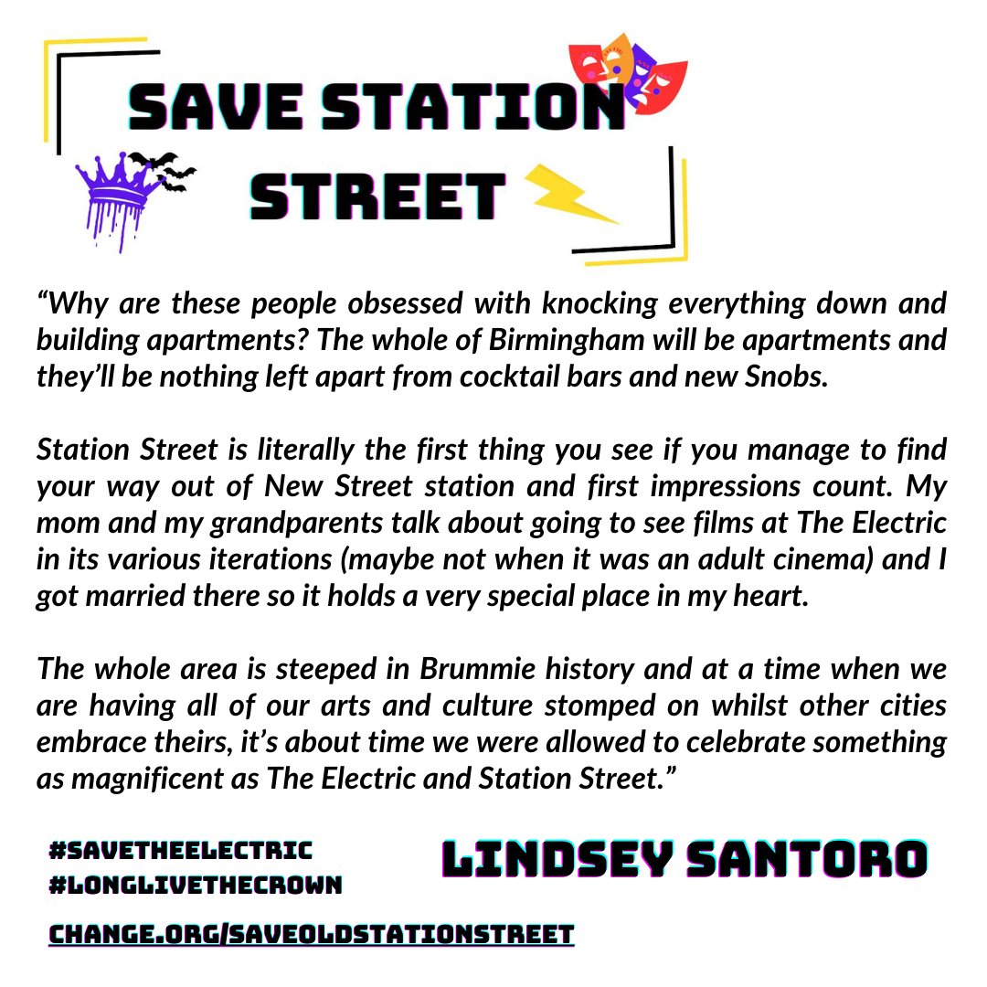 OldStationSt's tweet photo. @LinzSantoro is an outrageously funny Brummie that loves The Electric so much she got married there. You can imagine the jokes she'll tell if they want to turn Station Street into a bland apartments

Lindsey says #SaveTheElectric and sign the petition: https://t.co/J3uWBAiH9W https://t.co/1pfFBIZMbA