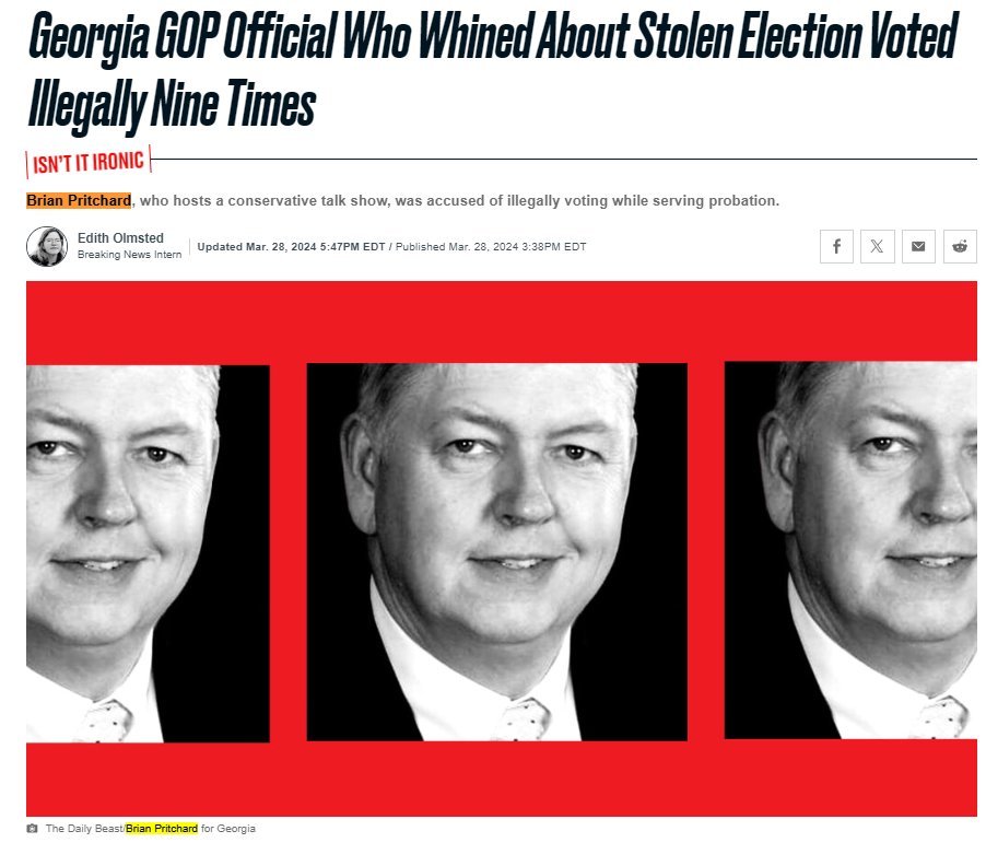 Florida Governor DeSantis jailed folks who were on probation and mistakenly tried to register to vote. In Georgia, this guy actually voted 9 times and gets a $5,000 fine and $375.14 in court investigative costs. Brian Pritchard is a GA GOP Party Official still serving probation…