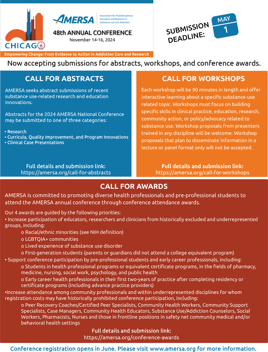 Just 4.5 weeks left to submit your abstract, workshop, and award submissions for #AMERSA2024! The deadline to submit is May 1st. Visit our conference page for more information & submission instructions: amersa.org/annual-confere… #chicago #AMERSA
