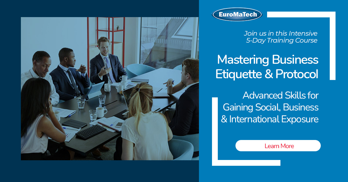 Mastering Business Etiquette & Protocol Enroll now! euromatech.com/seminars/maste… #euromatech #training #trainingcourse #masteringbusiness #businessetiquette #protocol #socialbusiness