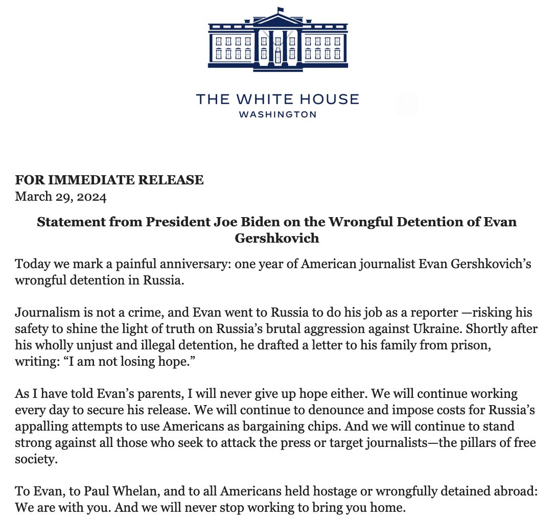 NEW!!!! Biden Statement on the Wrongful Detention of Evan Gershkovich #FreeEvan #JournalismIsNotACrime