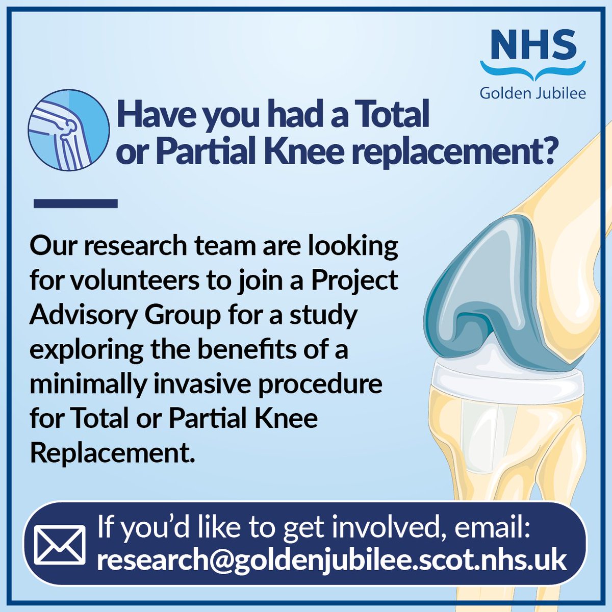 📣Have you had a total or partial knee replacement? Our Research team needs you! By working with our team, you will have the opportunity to contribute to the future of patient care. 📧Contact research@goldenjubilee.scot.nhs.ukfor more information.