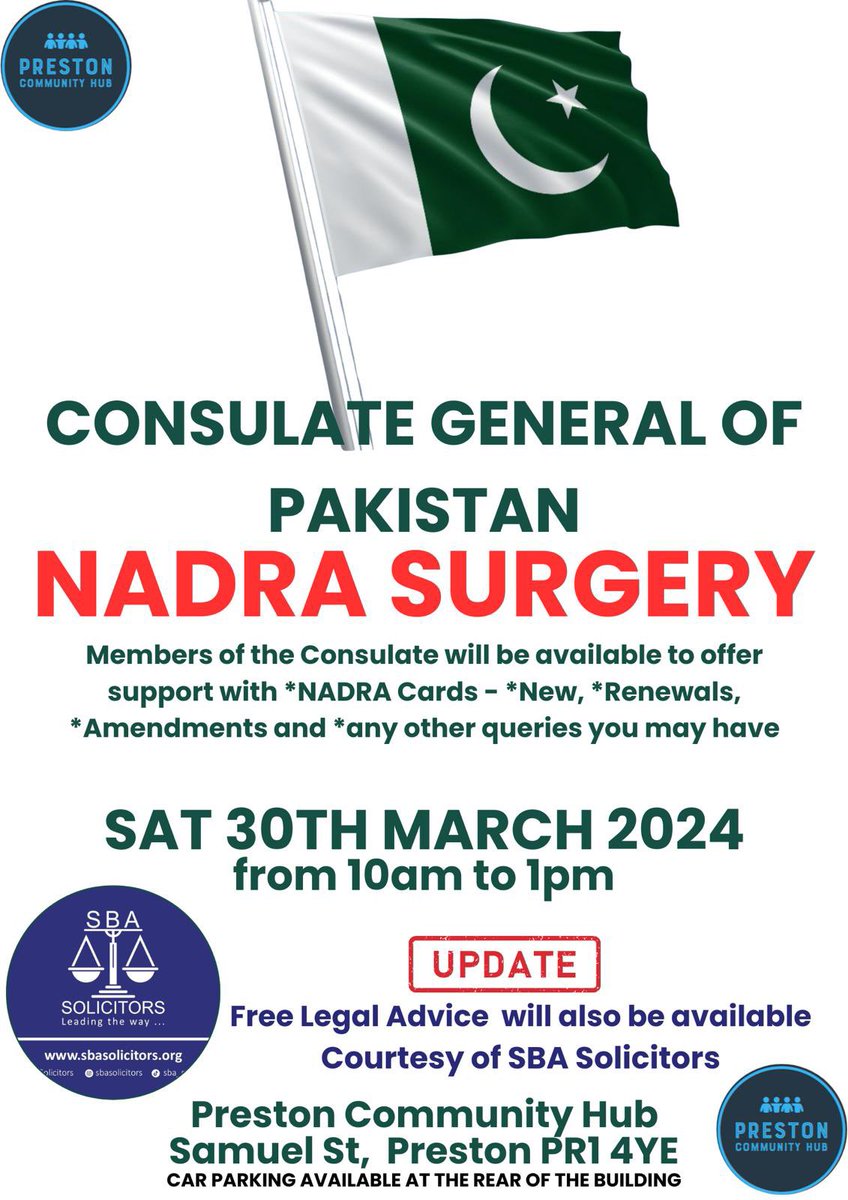 We have the Consulate of Pakistan attending on Saturday 30th March for support with visa & Nadra enquiries I’m pleased to inform that we have SBA Solicitors who will also be on hand to provide some FREE Legal Advice. #community #Visa #Engagement