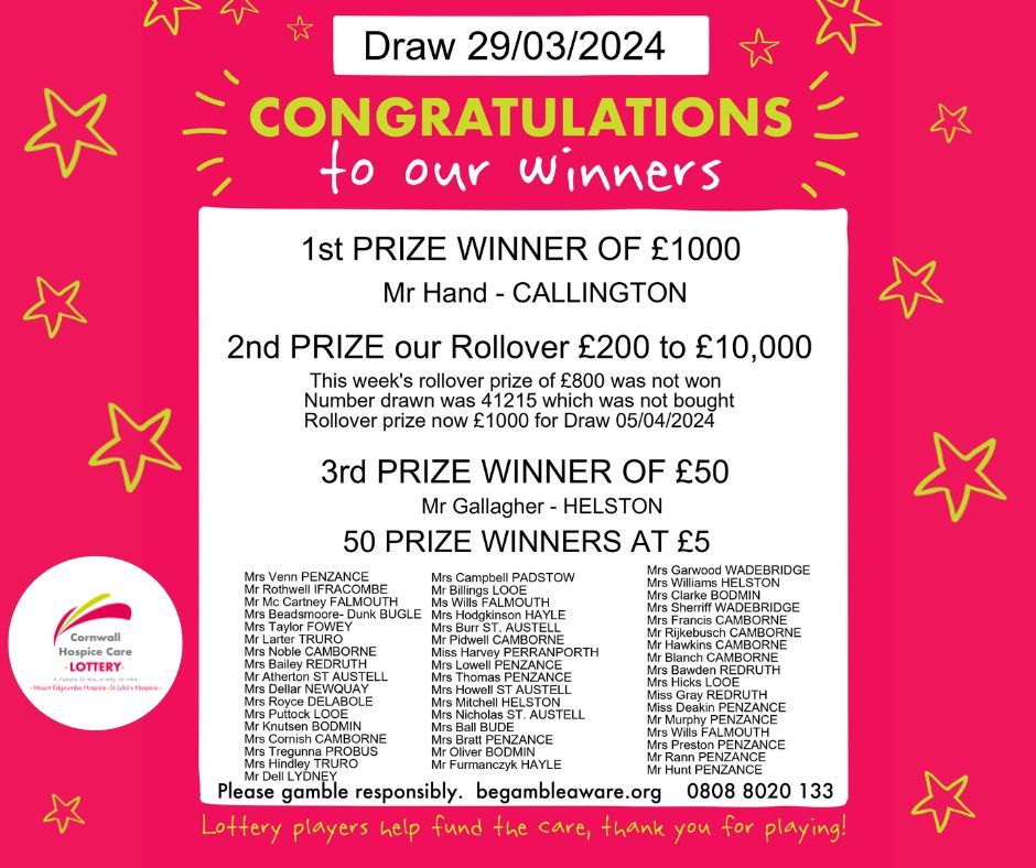 It's a little more than a Good Friday for this week's lottery winners...! ⭐ Find out more about the Cornwall Hospice Care Lottery lottery.cornwallhospicecare.co.uk ⭐