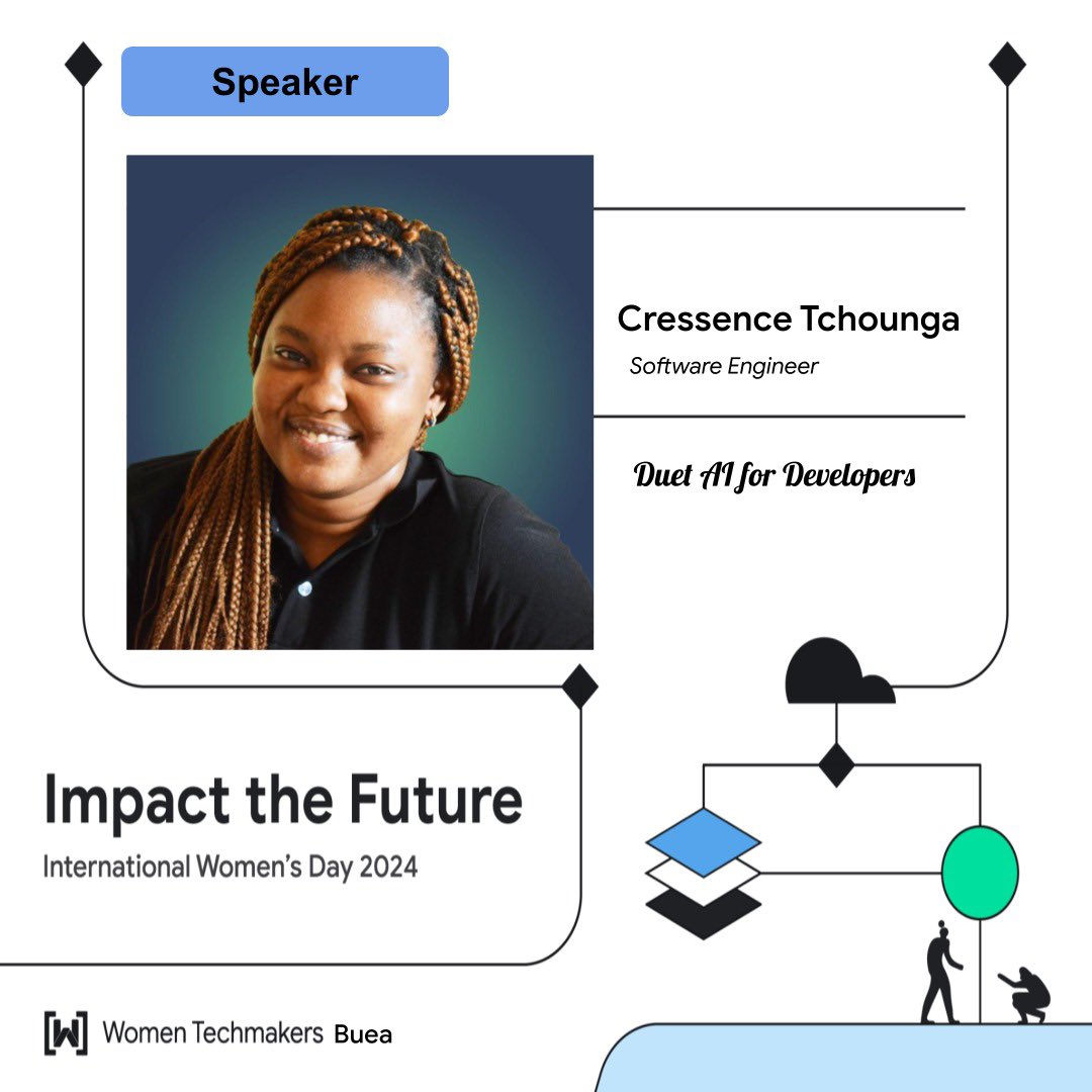 📢 Speaker Alert! 🎤💙

🎙️ Cressence Tchounga 🎙️
💻 Software Engineer 💻
🤖 Duet AI for Developers 🤖

Be inspired by Cressence's tech journey and her passion for AI! 🔥

Save the date: April 13th, 2024.

Click☺️: bit.ly/wtmbuea-iwd24-…

#ImpactTheFuture
#IWD2024
#WTMBueaIWD2024