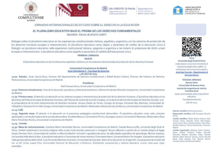 Jornadas Internacionales sobre el Derecho a la Educación 🗓️4 de abril de 2024 🕓10h a 17h (ES) 📍Aula polivalente II @ucm_derecho Organiza: @IDP_UCM, Dipartimento di Giurisprudenza di Pavia y Asociación Argentina de Justicia Constitucional 🔎+ INFO: ucm.es/idp/jornadas-i…