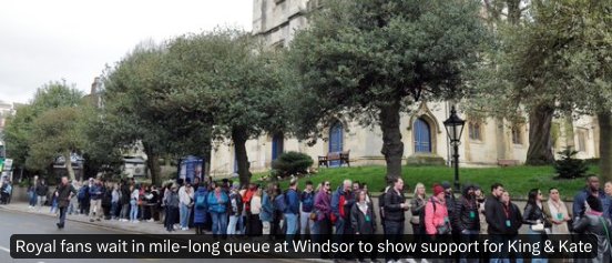 Call out #royalpropaganda. Visiting a heritage attraction doesn't make people 'royal fans'. Kate & Charles aren't even there!

An accurate headline: 'Easter holidays bring long queues for tickets to historic Windsor Castle'.

Tourists come for buildings, not people!

#touristmyth