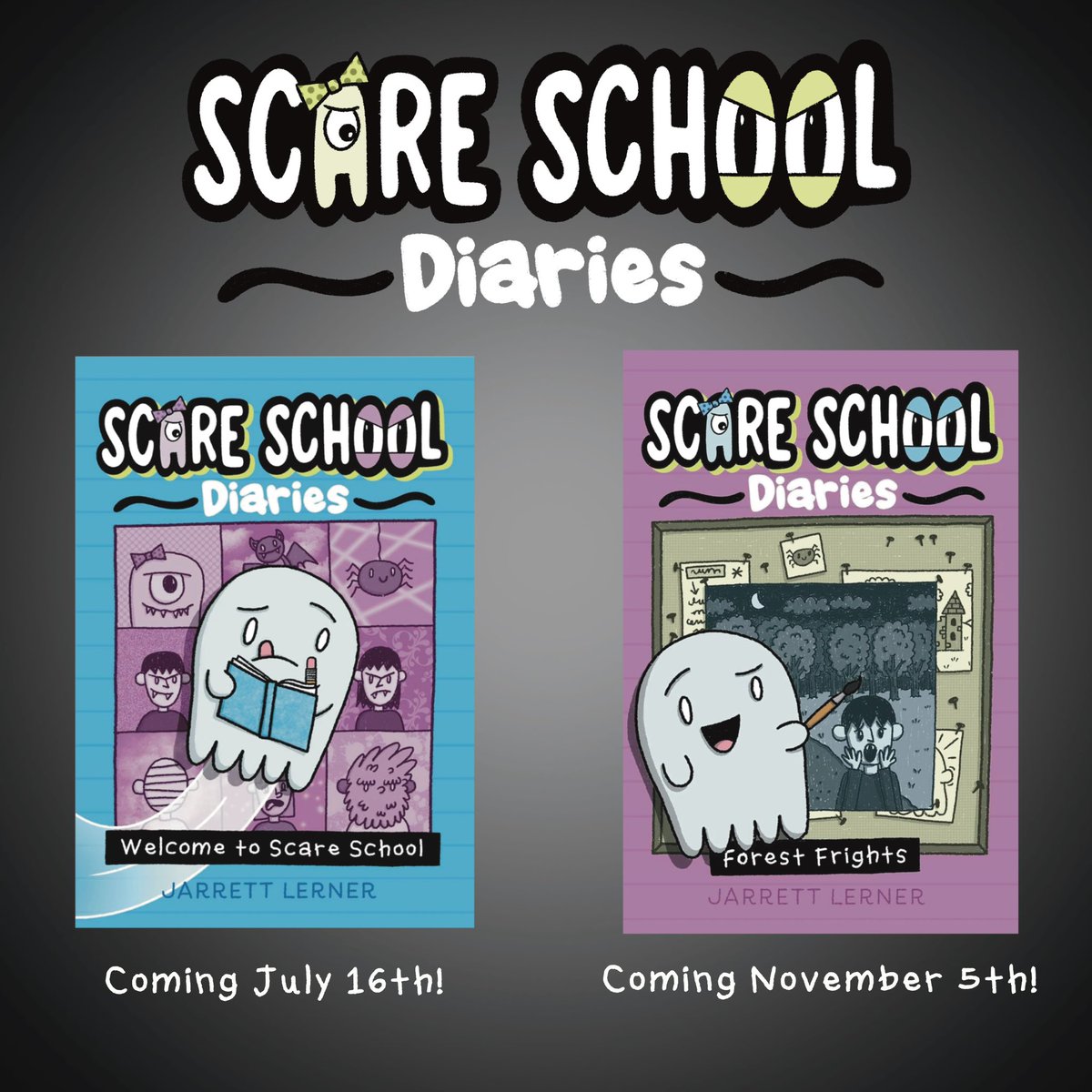 My next series, Scare School Diaries, launches this summer. These diary-style, comic-filled hybrids are geared toward kids K-3 and feature a cast of sweetly spooky characters facing a variety of relatable issues/situations. You can preorder BOTH volumes wherever books are sold!