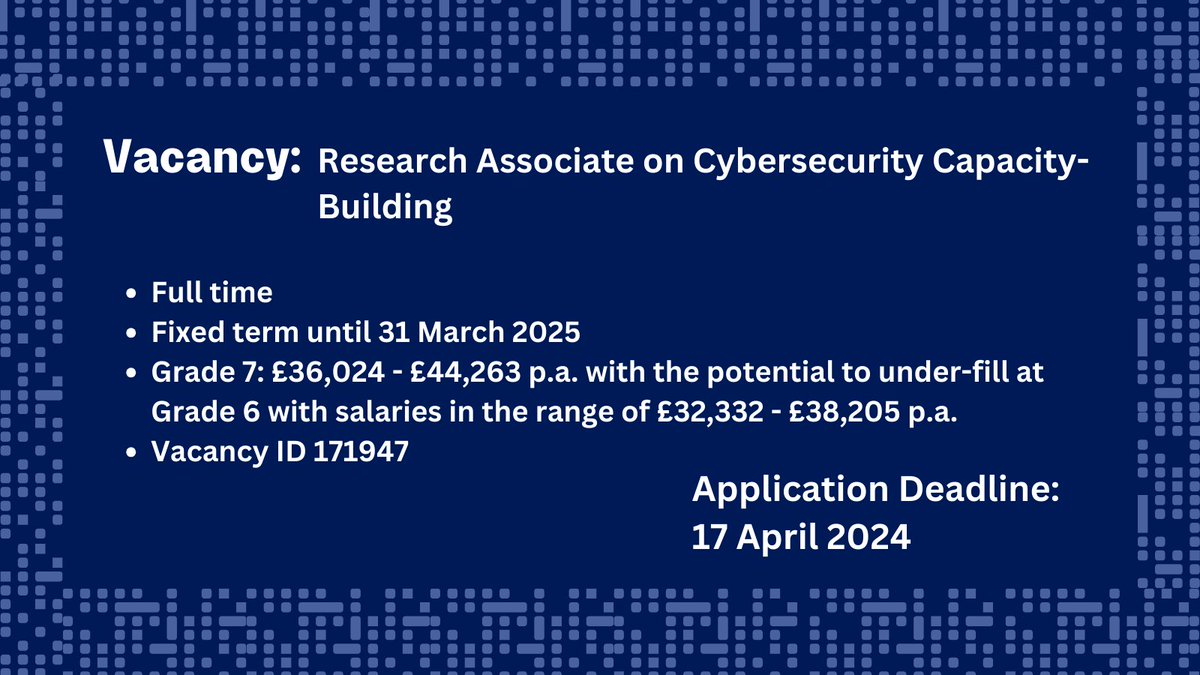 Recruiting: We're hiring a Research Associate on Cybersecurity Capacity-Building to support the research programme of the GCSCC. For details & applications: my.corehr.com/pls/uoxrecruit… #compscioxford #recruiting #OxfordRecruitment