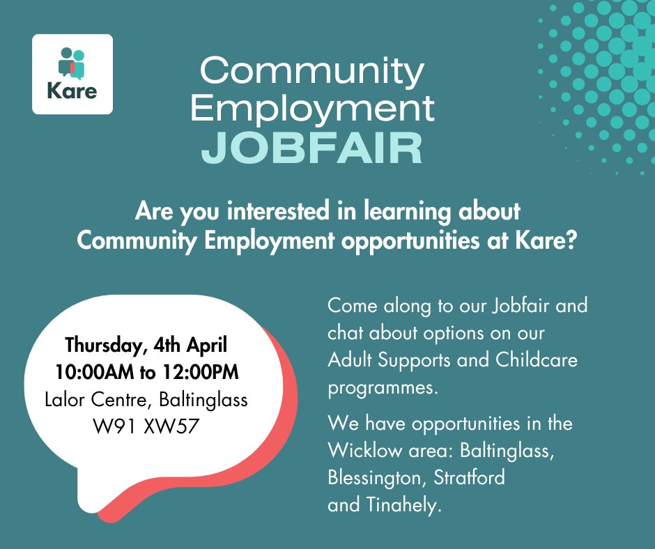 Are you currently unemployed and interested in re-training, upskilling and gaining valuable work experience in your community❔🤔💭 You could be eligible to take part in Kare's Community Employment (CE) scheme. Visit our Jobfair next week to find out more! #JobFairy