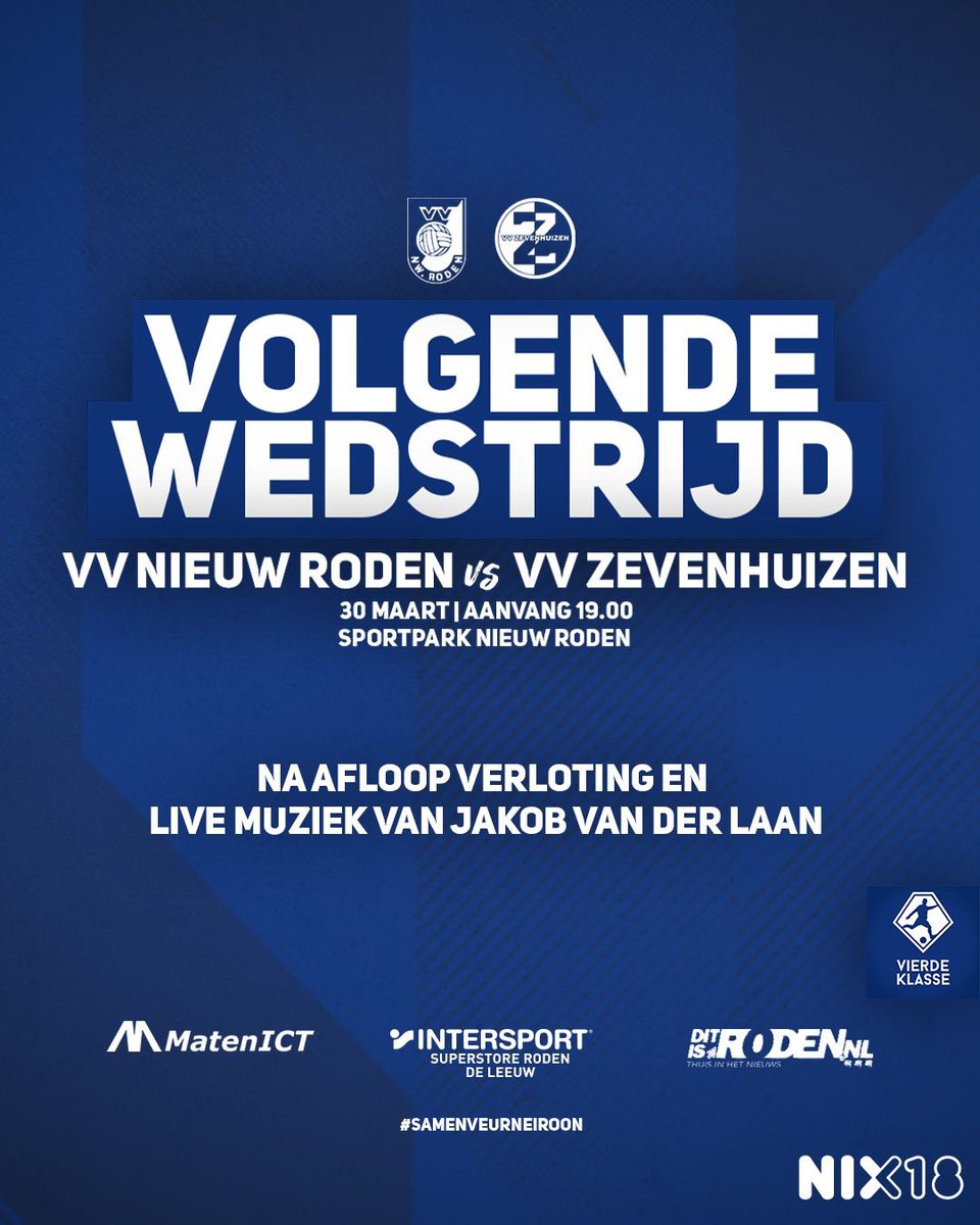 𝐙𝐚𝐭𝐞𝐫𝐝𝐚𝐠𝐚𝐯𝐨𝐧𝐝 𝐙𝐞𝐯𝐞𝐧𝐡𝐮𝐢𝐳𝐞𝐧 𝐭𝐡𝐮𝐢𝐬

Aankomende zaterdag is het zover: de derby tegen Zevenhuizen. De avond wordt muzikaal ondersteund door Jakob van der Laan en is er verloting. Dus haal je blauwe kleding uit de kast en tot zaterdag 💙🤍 
Aanvang: 19:00
