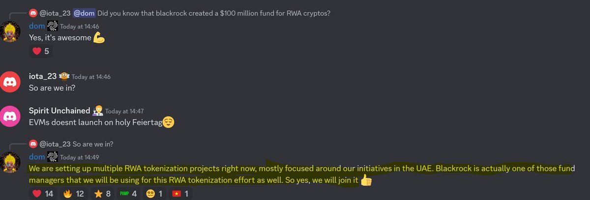 #IOTA #RWA 'We are setting up multiple RWA tokenization projects right now, mostly focused around our initiatives in the UAE. Blackrock is actually one of those fund managers that we will be using for this RWA tokenization effort as well.' 👀