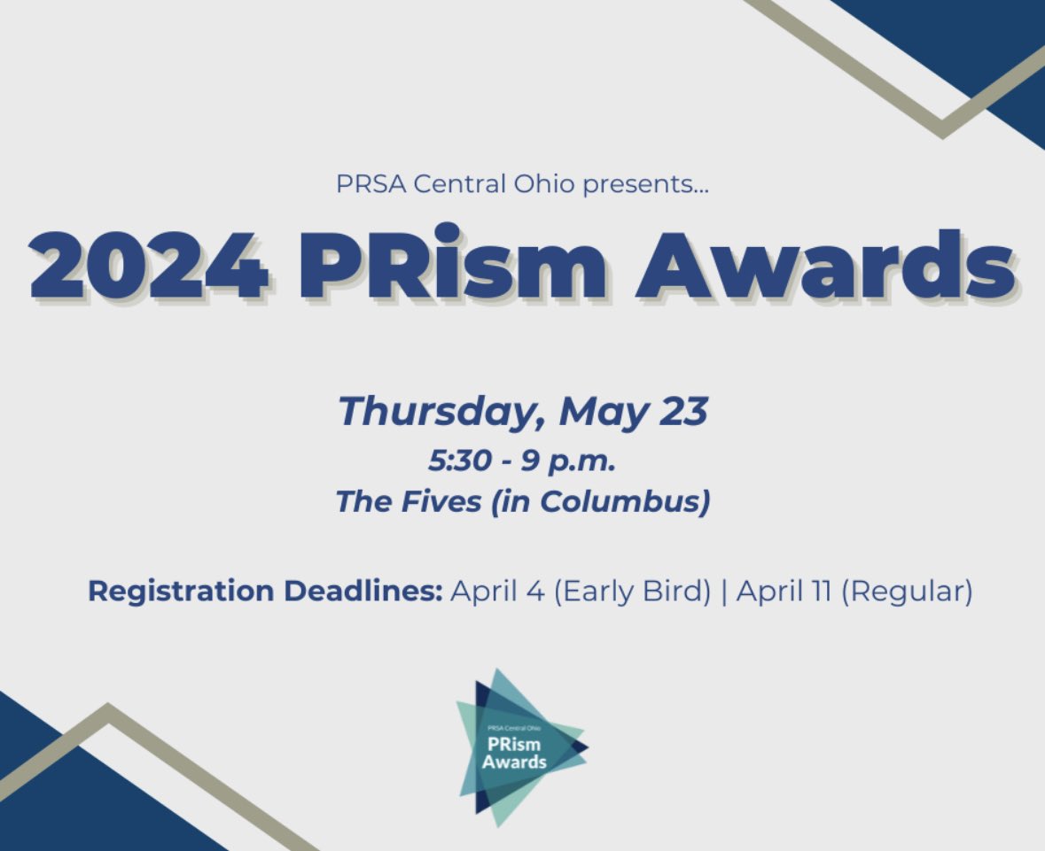 Join us at the 2024 PRism Awards! Dress up, reconnect and raise a toast with colleagues, clients and friends to celebrate your work! 🥂
 
The final registration deadline is Thursday, April 11. No tickets will be available at the door.
 
Register now! prsacentralohio.org/meetinginfo.ph…