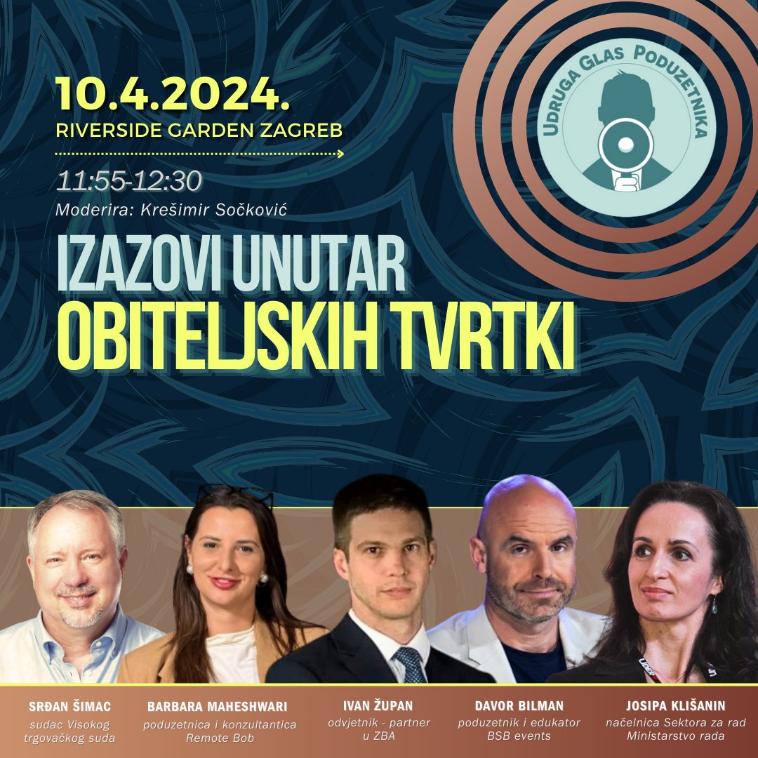 Na panelu “Izazovi unutar obiteljskih tvrtki” potražit ćemo odgovore na pitanja koja se bave očuvanjem obitelji, poslovanja i određivanjem prioriteta.

Pridruži nam se na konferenciji o obiteljskom poduzetništvu. Ulaznica iznosi 49 eura. bit.ly/3Vntifw