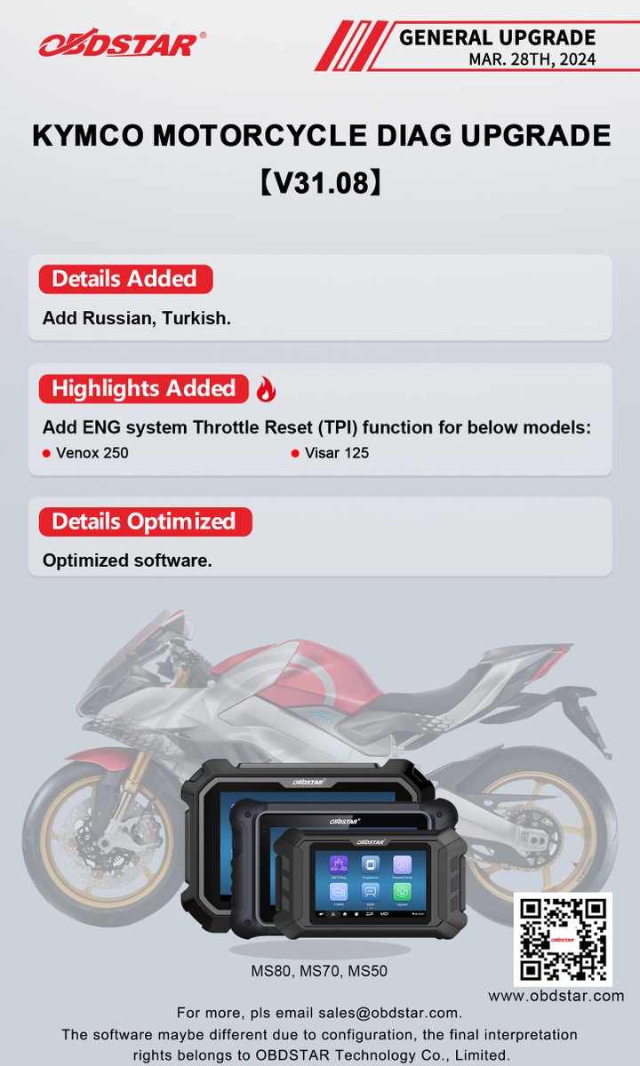 ObdstarTec's tweet photo. #OBDSTAR #Motorcycle #MajorUpgrade
KYMCO MOTORCYCLE DIAG UPGRADE【V31.08】
BRP MOTORCYCLE DIAG UPGRADE【V31.30】
KAWASAKI MOTORCYCLE IMMO UPGRADE【V40.10】
#Moto #MotoDiag #immo #kawasaki #KYMCO #BRP #maintenance #repair #MS80 #iscan #G3 https://t.co/QPzZFskygs