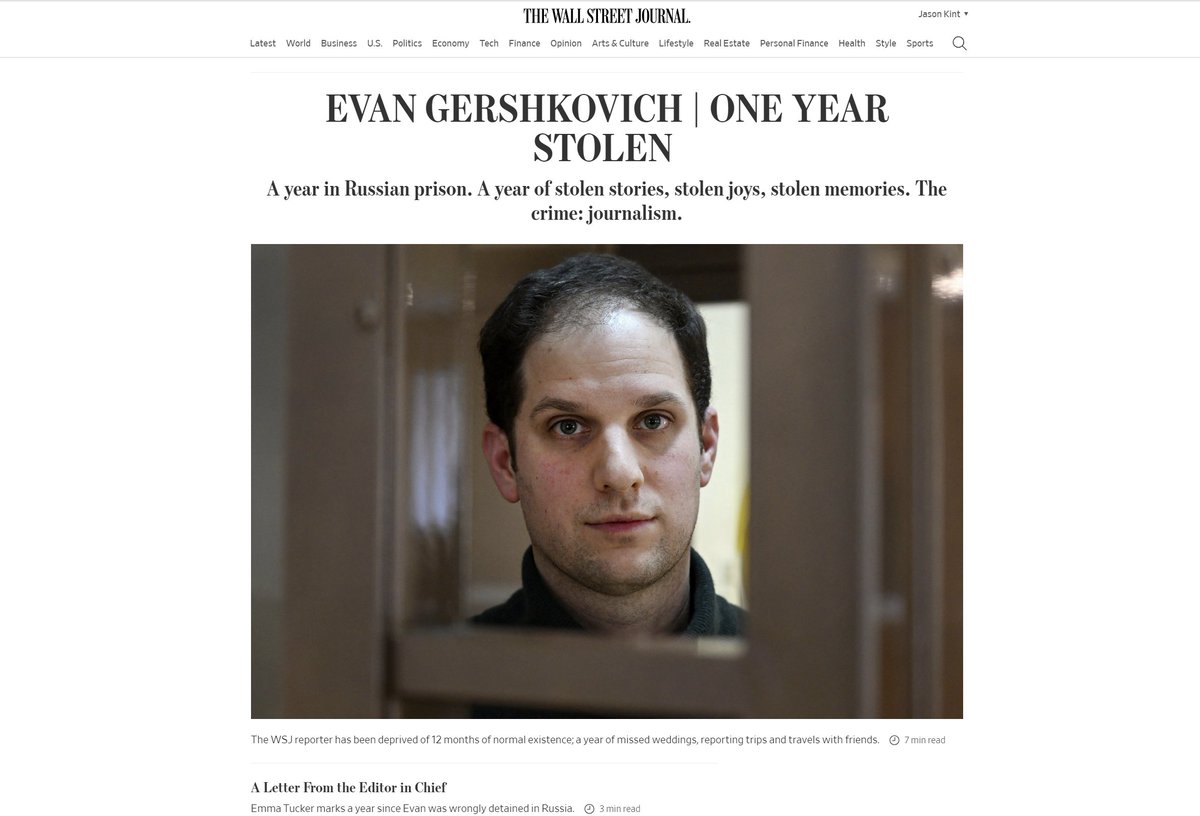 Digital Content Next (@dcnorg) on Twitter photo Today marks a grim anniversary: One year of wrongful imprisonment for <a href="/WSJ/">The Wall Street Journal</a> journalist Evan Gershkovich
#IStandWithEvan
Homepage of the Wall Street Journal this morning: Today marks a grim anniversary: One year of wrongful imprisonment for <a href="/WSJ/">The Wall Street Journal</a> journalist Evan Gershkovich
#IStandWithEvan
Homepage of the Wall Street Journal this morning:
