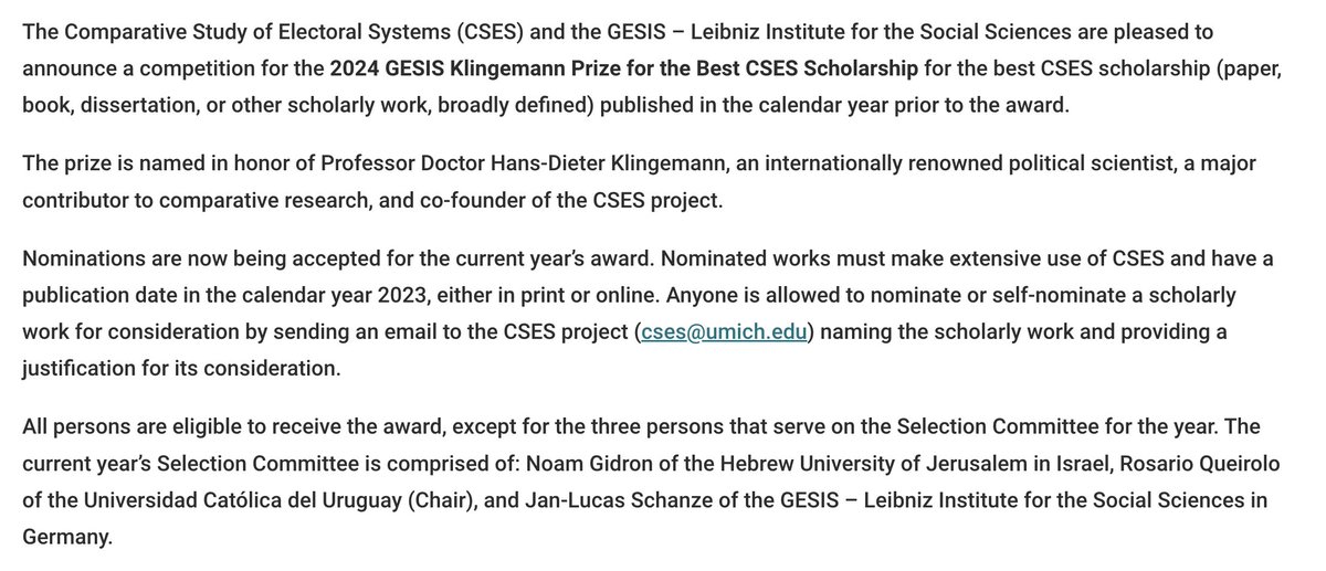 I'm thrilled to serve on the selection committee for the GESIS Klingemann Prize honoring the Best CSES Scholarship published in 2023 -- please consider nominating a paper (self-nominations welcome)! Nominations open until Friday, April 26, 2024.