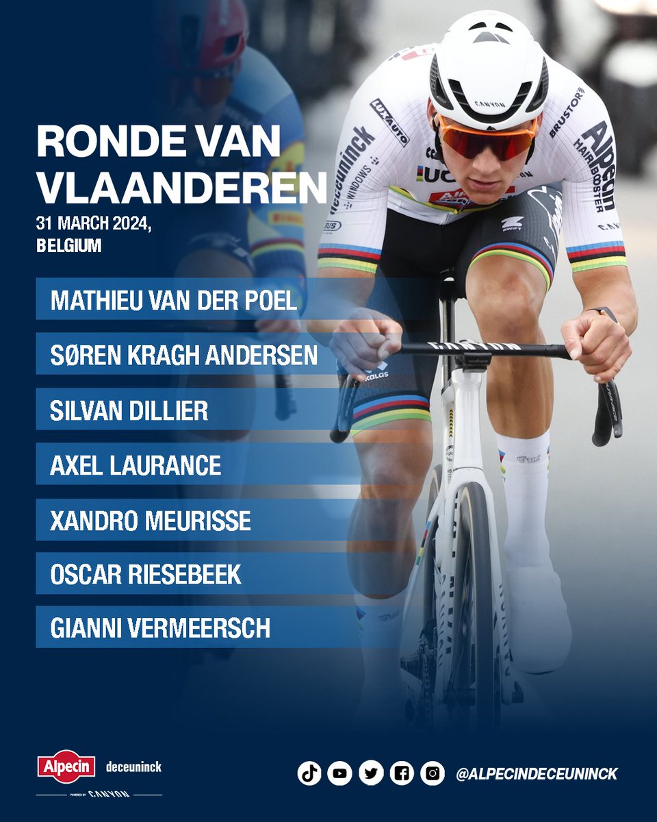 AlpecinPT's tweet image. 💥This is it, our final selection for @RondeVlaanderen. With two-time winner @mathieuvdpoel  as our absolute leader.

Not included: @JasperPhilipsen. Nice to know: U23 world champion @laurance_axel  makes his debut in ‘Vlaanderens Mooiste’ 🤟

More info on instagram.com/p/C5GNn7bNjRW/