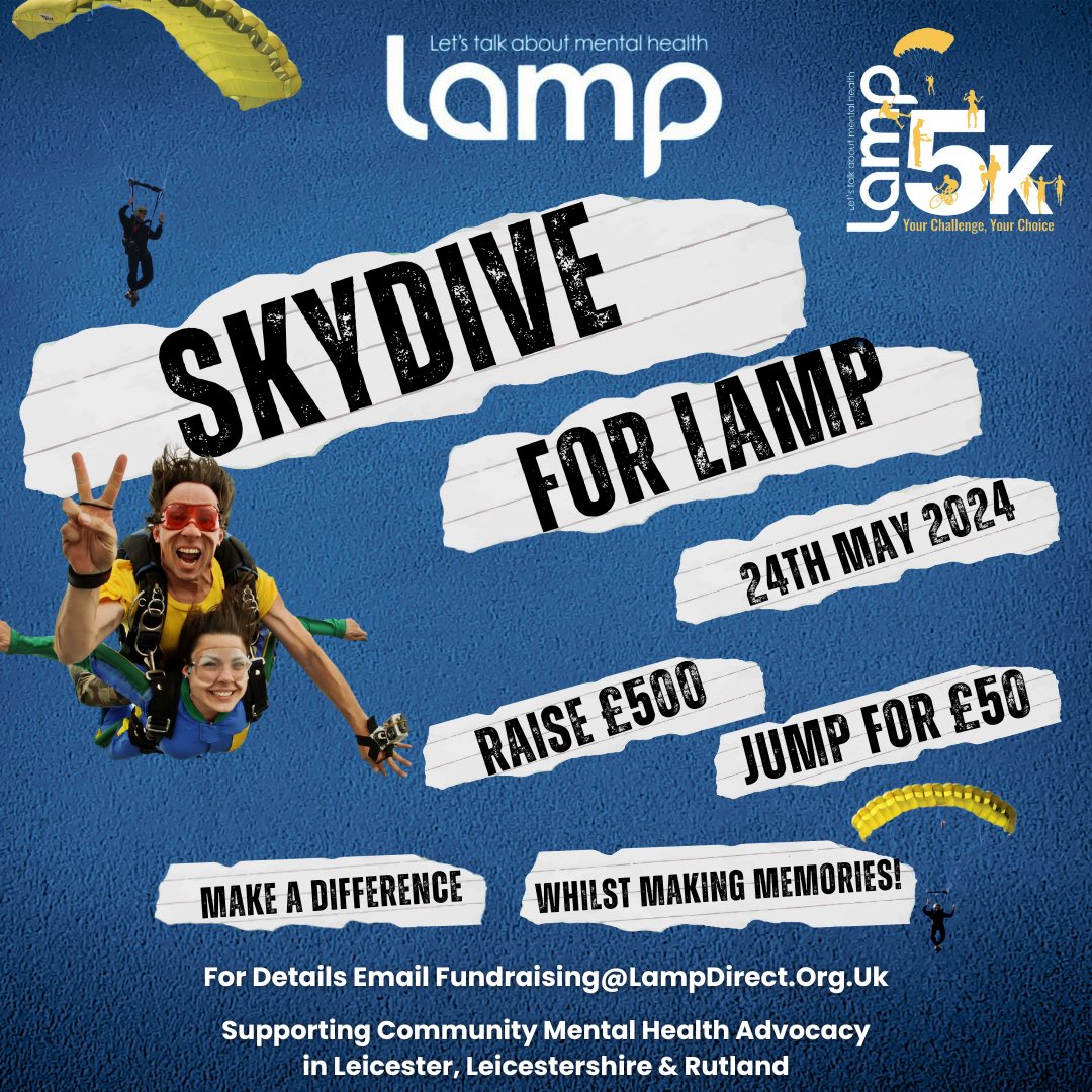 Tandum Skydive for @LAMPCharity_ this May 🪂 Make a difference, whilst making memories by jumping for Independent Community Mental Health Advocacy across Leicester, Leicestershire & Rutland. Learn more and sign up today here ⬇️ Fundraising@LampDirect.Org.Uk