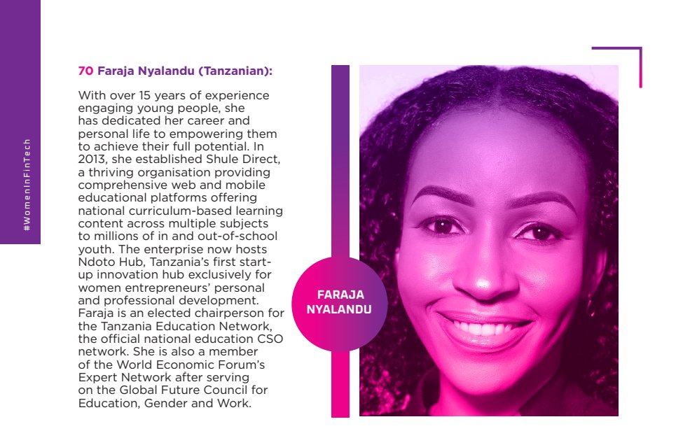 2024 Top 100 #WomenInFinTech 👇👇 70. @FarajaNyalandu (Tanzanian): Faraja founded @ShuleDirect in 2013, offering web and mobile educational platforms for youth. She also created @ndotohub, Tanzania’s first startup hub for women entrepreneurs. | shorturl.at/gkpY4…