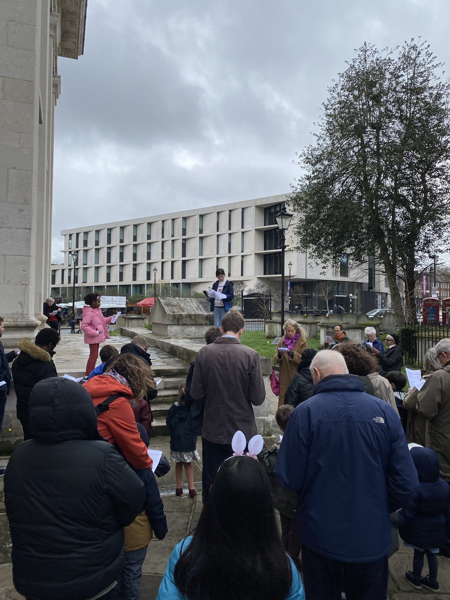 From this morning's family service: Jesus before Pilate, on South Steps of @StAlfegeChurch #Greenwich, with @UniofGreenwich library behind. Welcome to join us 12h45-15h00 for part or all of Good Friday devotions and Haydn's setting of the Seven Last Words of Jesus from the Cross.