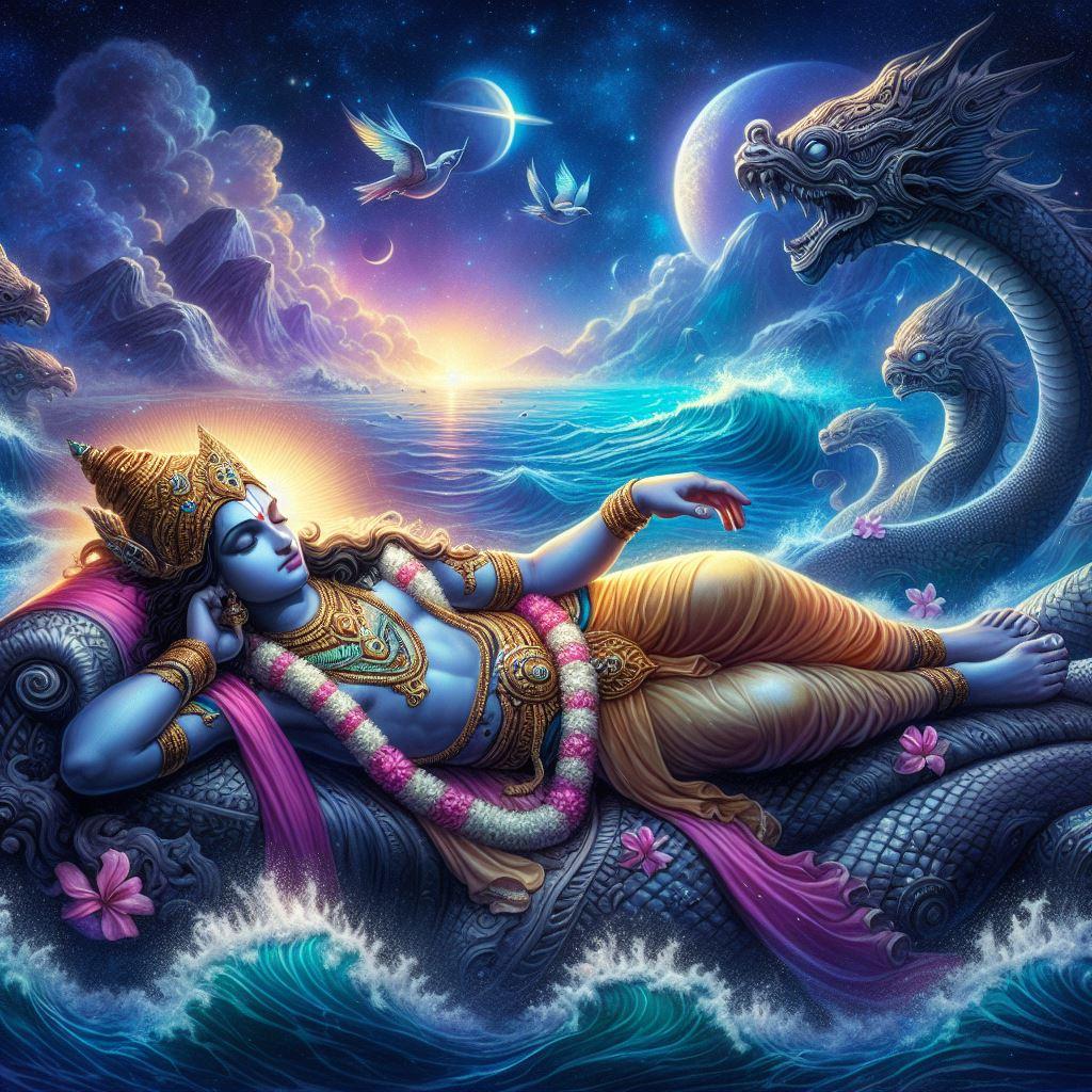 Embracing the cosmic rhythm, Lord Vishnu sustains the universe with grace and wisdom.
 #LordVishnu #DivineGuardian #Krishna 🌌✨

Om Namo Narayana ♥️
Hare Krishna 🦚