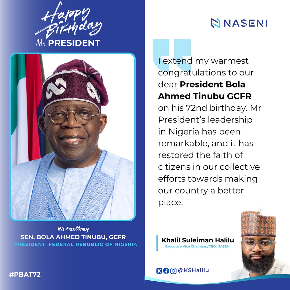 #PBAT72: Mr. President @OfficialABAT, May God continue to guide and protect you as you steer Nigeria towards industrialization for economic prosperity. 
#ksh