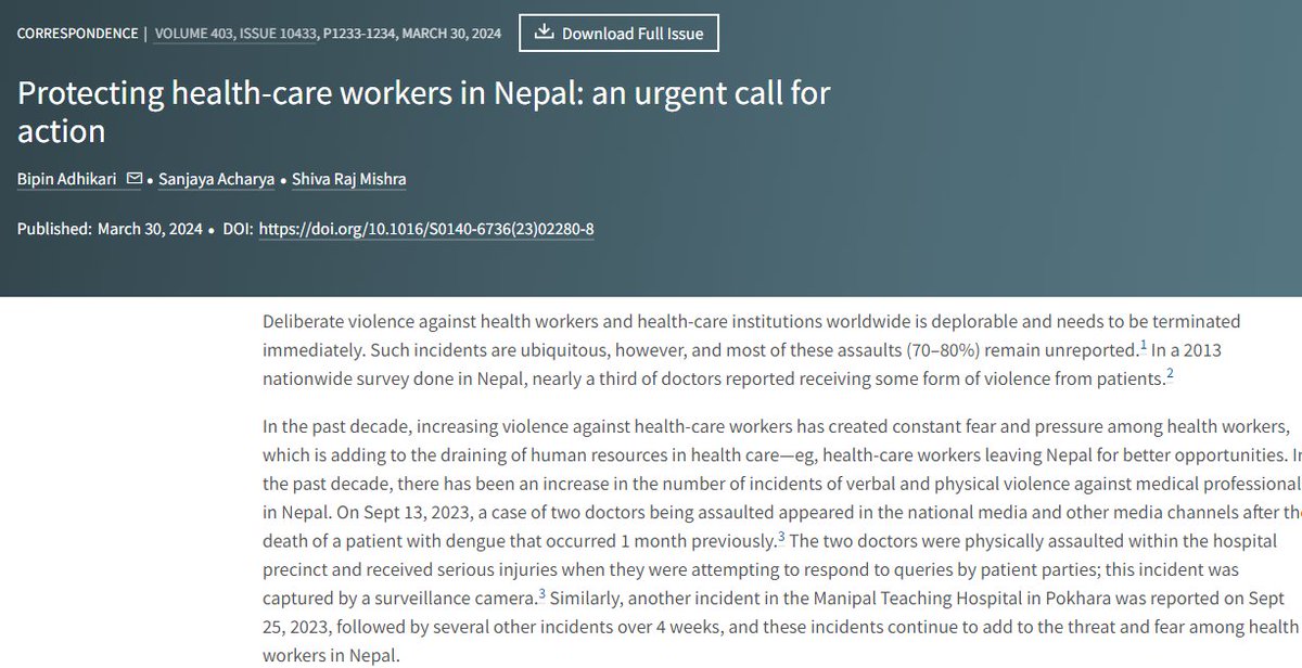 Protecting health-care workers in Nepal: an urgent call for action thelancet.com/journals/lance… We highlight a deporable issue of voilence against health care workers @TheLancet, highlight potential solutions to protect health care workers.