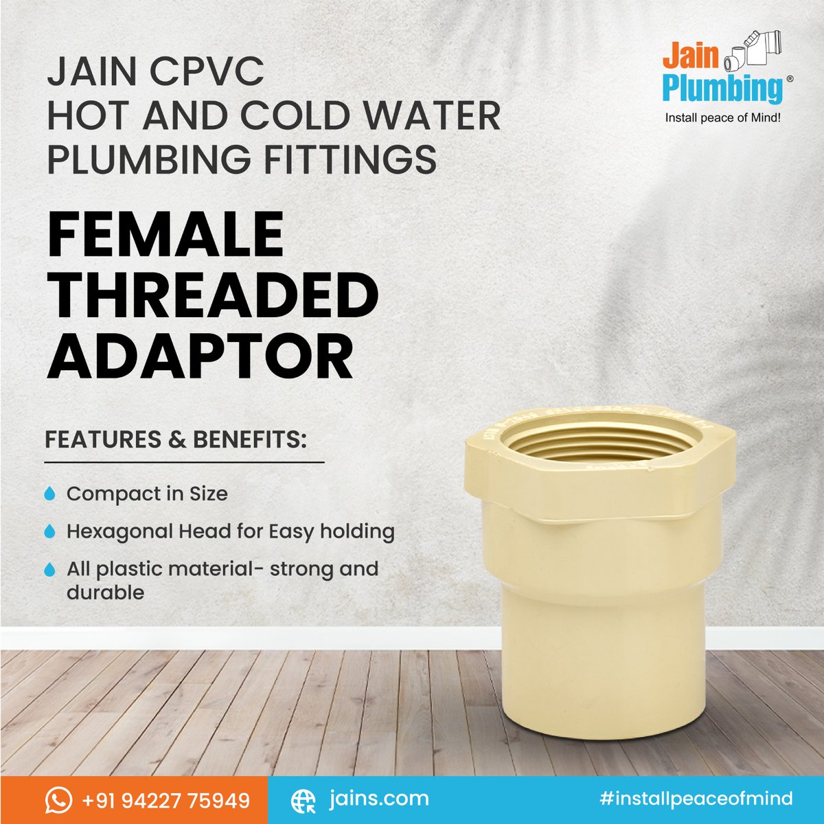 🦾 Elevate your plumbing with Jain Plumbing's CPVC Hot and Cold Water Plumbing Fittings. Introducing our Female Threaded Adaptor: compact, with a hexagonal head for easy handling, and crafted from strong, durable all-plastic material. Experience convenience and reliability in…