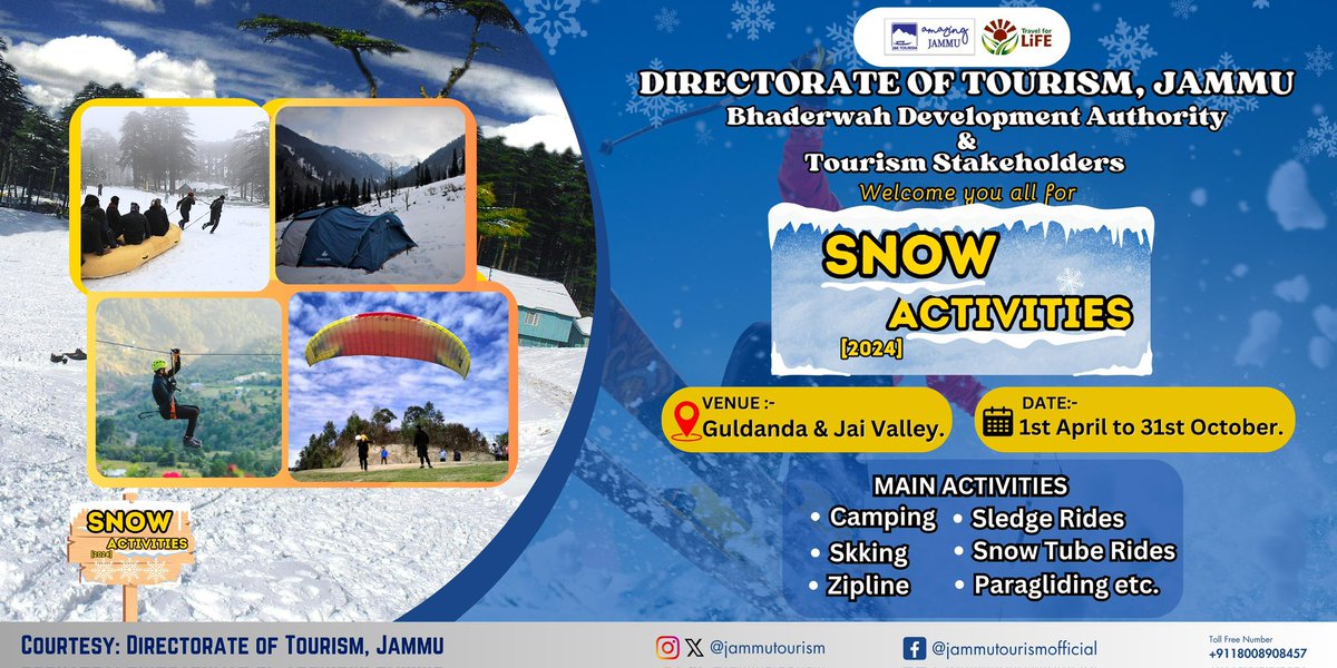 Get ready for the adventure of a lifetime with Xtreme Adventures(Adventure Tour operator)registered with the Directorate of Tourism,Jammu. Starting April 1st, brace yourself for exhilarating experiences at Guldanda, including sledge rides, skiing and snow tube rides.