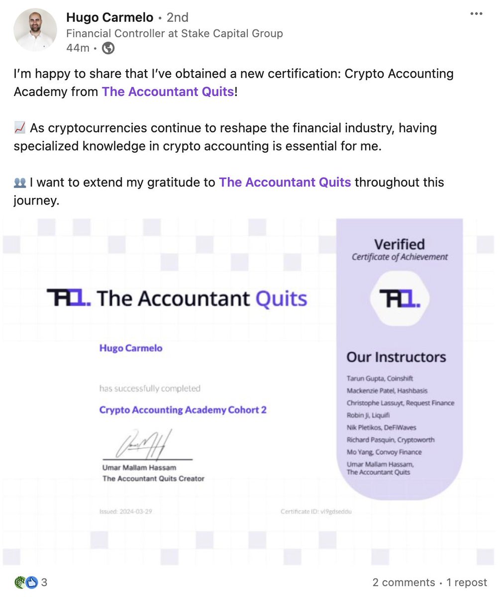 Congrats to Hugo Carmelo, the Financial Controller at @StakeCapital on completing the 1st comprehensive course on Crypto Accounting 👏 You're setting the example for many accountants, curious about how to keep upskilling themselves with blockchain. Be like Hugo, and join our…
