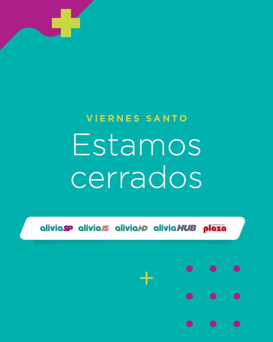 AliviaNetwork's tweet image. Atención a nuestra comunidad de pacientes: ☝🏽
Tomen nota que nuestras unidades no estarán operando hoy #ViernesSanto
 
#aliviahealth #aliviaspecialtypharmacy #aliviainfusionservices #farmaciasplaza #aliviahomedelivery #aliviahub #pacientesprimero