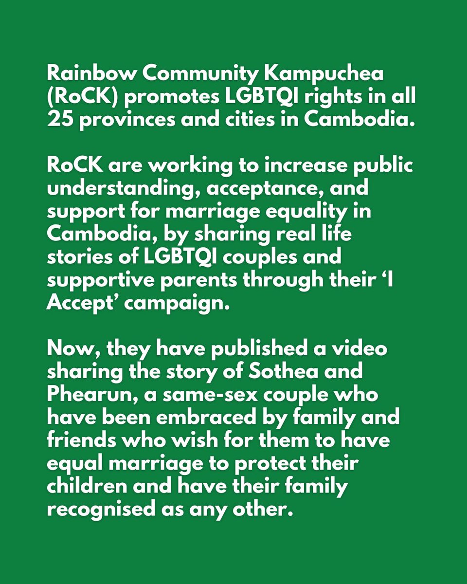 Our partner @rockcambodia's 'I Accept' campaign in Cambodia aims to promote marriage equality by sharing #LGBTQI couples' real-life stories. Their latest video features the story of same-sex couple, Sothea and Phearun. Watch the video below! bit.ly/4ay6Fcf