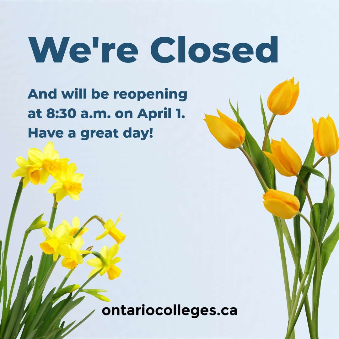 OCAS, including the Contact Centre, is closed today and will reopen at 8:30 a.m. on Monday, April 1, 2024. Have a great day! #GoodFriday #Closed #OntarioColleges