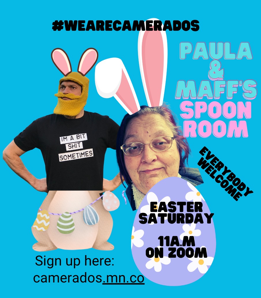 Not on our mighty network yet? Well you're missing out on treats like this 👇. The 🥚egg-cellent Paula and Maff's monthly SpoonRoom. So why not 🐰hop on over to camerados.mn.co and come along tomorrow at 11am. Fluffy ears optional. #WeAreCamerados