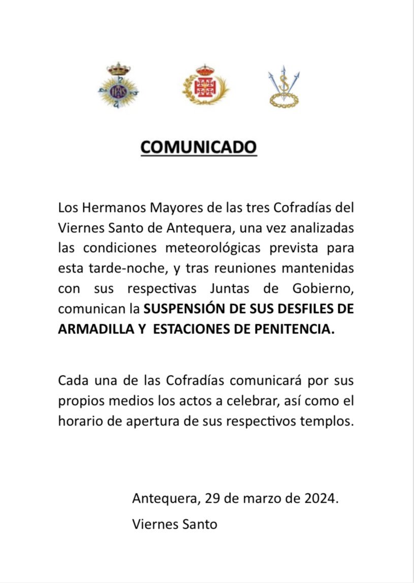 COMUNICADO OFICIAL | La Junta de Gobierno de la Real e Ilustre Archicofradía del Socorro en conjunto con las demás Cofradias del Viernes Santo en Antequera, han decido la suspensión de los Desfiles de Armadilla y Estaciones de Penitencia.