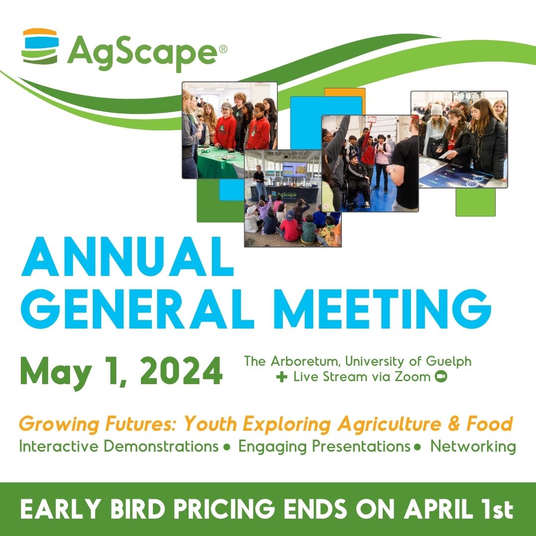 Please join us for our 2024 AGM on May 1, 2024 at The Arboretum, University of Guelph. We will also be live streaming the event for those who wish to attend virtually. Register by April 1st to take advantage of the early bird pricing: agm.agscape.ca #AgScapeAGM24