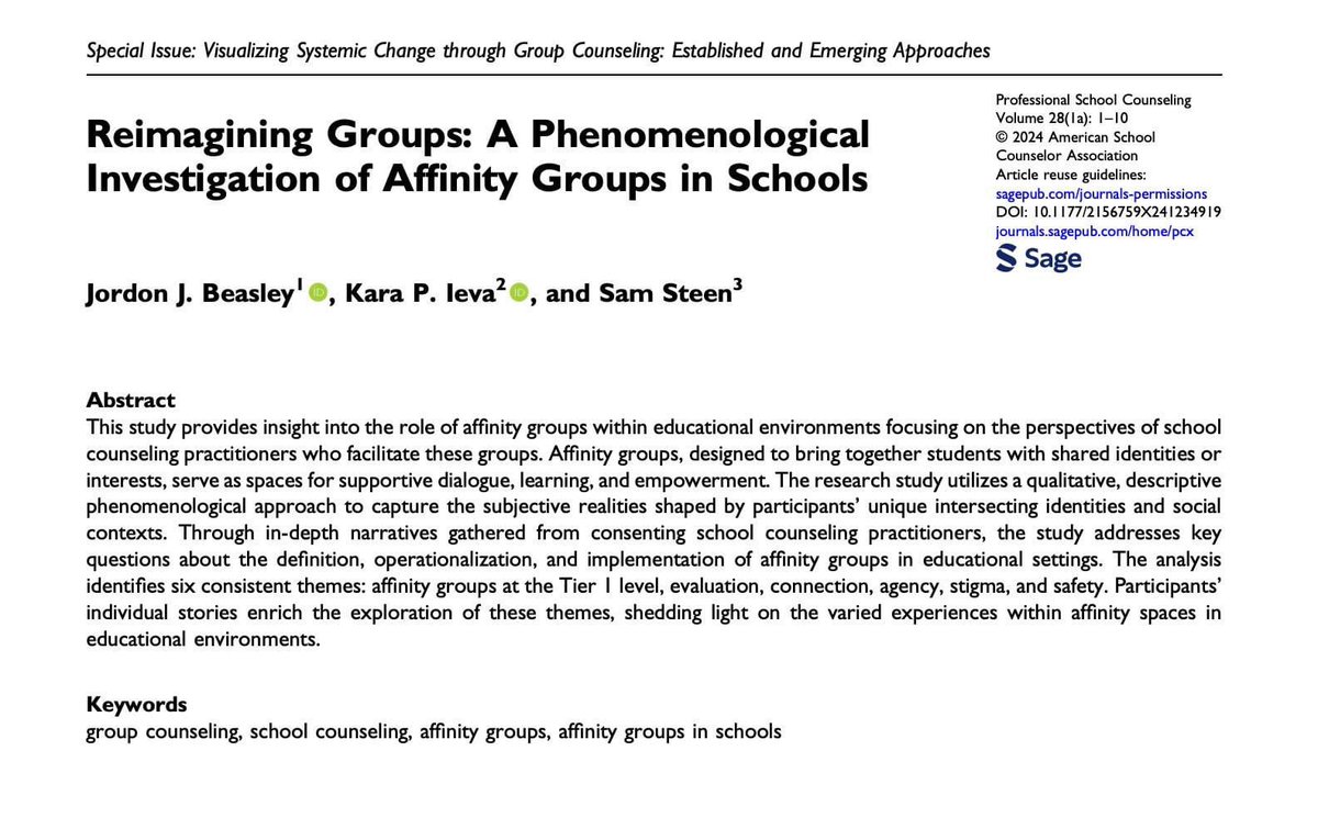 thrilled to announce our special issue in Professional School Counseling focused on #groupcounselling titled, Visualizing Systemic Change through Group Counseling: Established and Emerging Approaches. journals.sagepub.com/toc/pcxa/28/1a @JordonBeasley3 #scchat @ASCAtweets