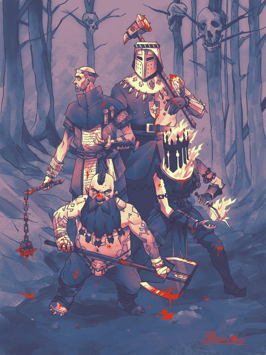 The Ubersreik Five (without Kerillian) by McBearBoi.🖼️ Excellent color work on this one. Toned down with blood starkly contrasting with the rest of the picture.🩸 Vermintide 1 and 2 are such good games. They're perfect if you want to get into Warhammer Fantasy.🔨 #WarhammerArt