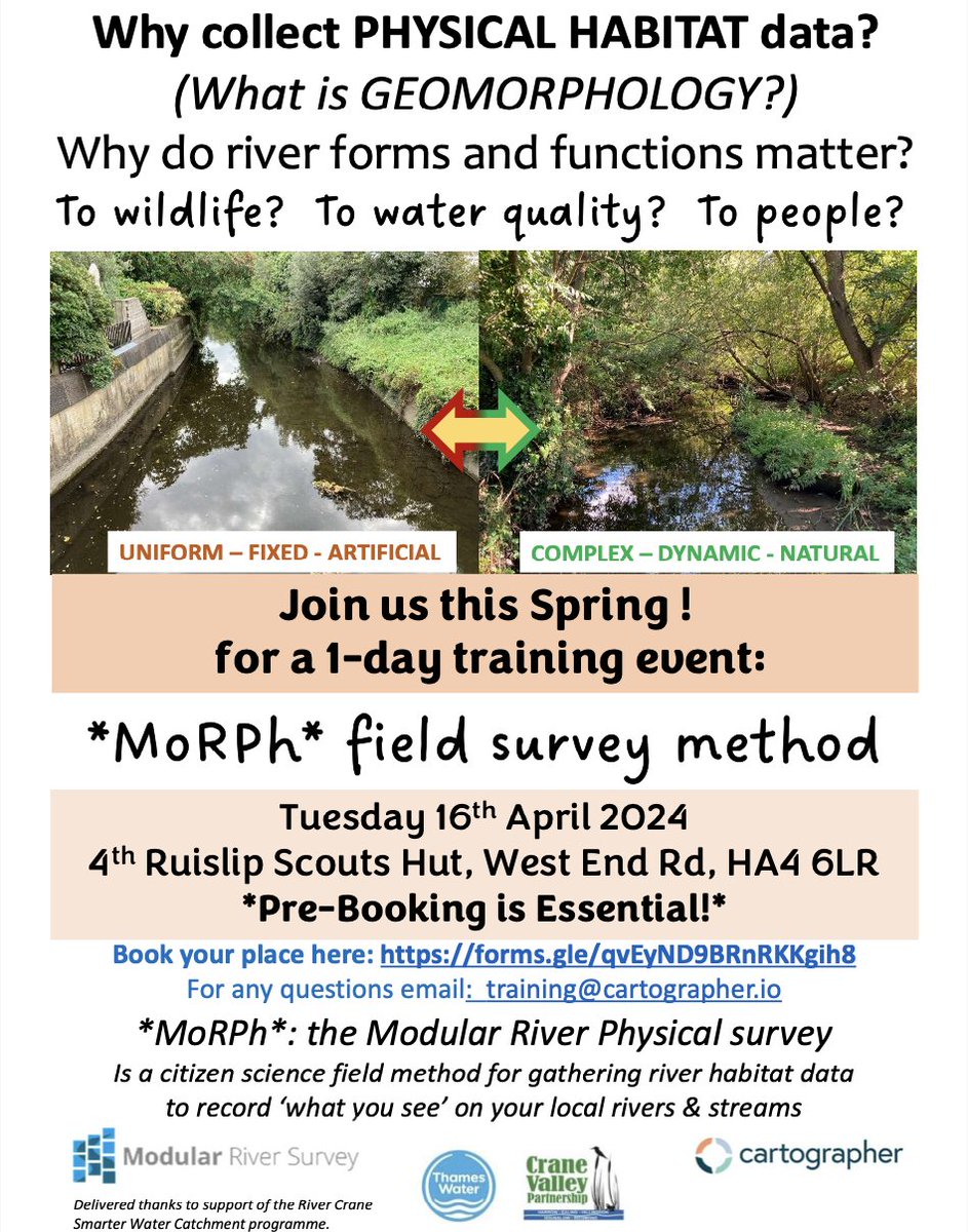 Interested in learning about the form and function of rivers (geomorphology) and taking part as a volunteer in survey work in the Crane Valley? Check out this free training event in April. @LondonNPC @FriendsRivCrane @habsandheritage @EnvAgencySE @ZSLMarine